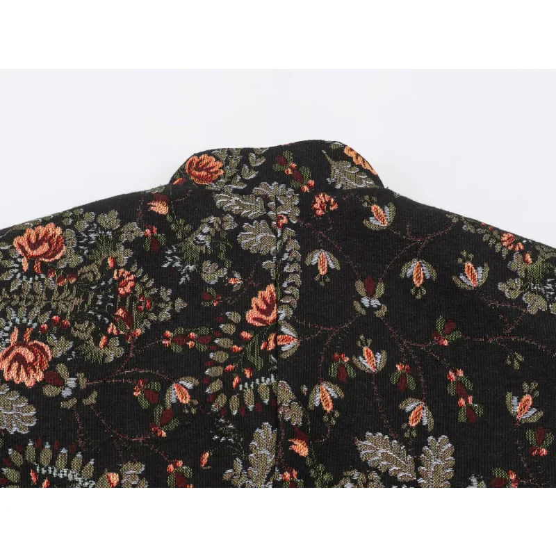 2026 Neue Vintage-Blumenjacquard-Jacke für Damen mit Stehkragen, langen Ärmeln, unregelmäßigem, abgerundetem Saum und Knopfverschluss, kurzer Mantel. – Detail 12