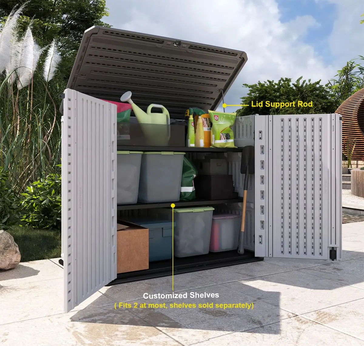 Horizontal Storage Shed Waterproof Multi-Door for Garden, Patio, Bike, Trash Can, Tool, Lawn Mower, 26 Cu Ft, Customized