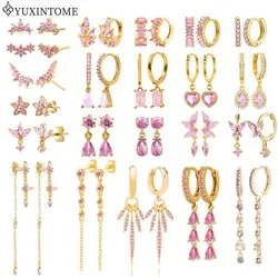 Luxurious 925 Sterling Silver Needle Pink Crystal Hoop Earrings for women geometry Pendant Fashion Earrings Luxury Jewelry Gift