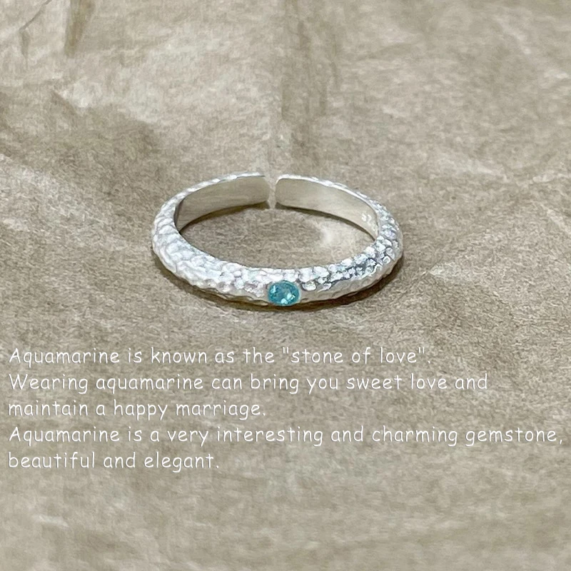 925 Sterling Silver Geometric Aquamarine Frosting The Stone of Love Opening Adjustable Rings for Women Fine Jewelry Accessories