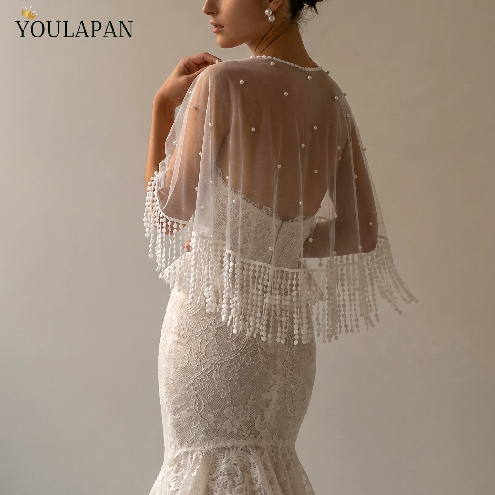 TOPQUEEN Pearl Women'S Short Jacket Fringe Trim BoléRo Femme Mariage Tulle Shawl Transparent Dress Cardigan Bridal Cloak Vg140