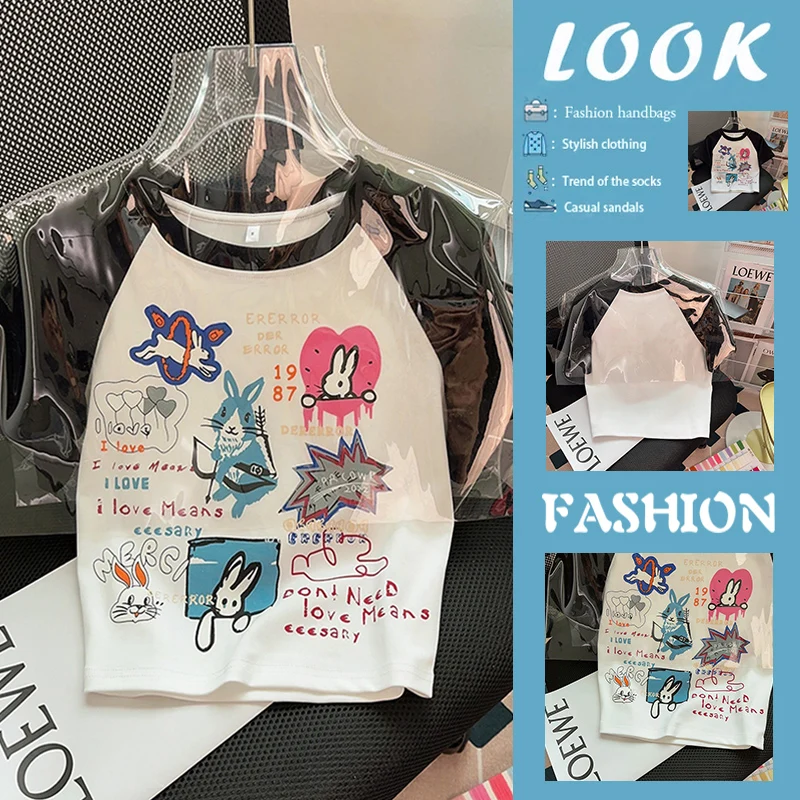 半袖 Tシャツ レディース 夏 楽しいショートスタイルトップ トレンディな韓国版 ストレートカット プリント ラウンドネック カジュアル シルクブレンド 1