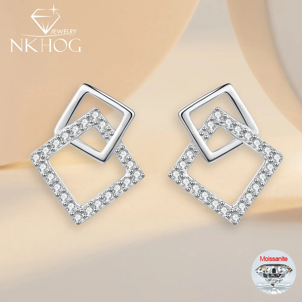 

NKHOG Real Moissanite Square Stud Earrings For Women S925 Silver Lab Diamond Simple Design Wedding Ear Studs 18K Plated Jewelry