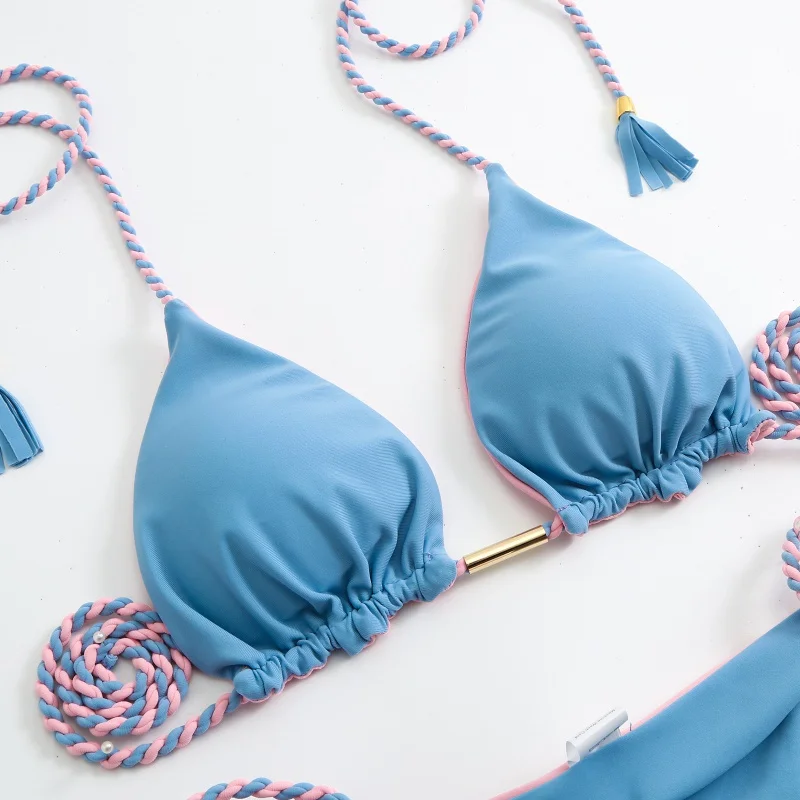 Nuovo costume da bagno a triangolo Bikini con corda a treccia senza schienale all'ingrosso della fabbrica di costumi da bagno multicolori