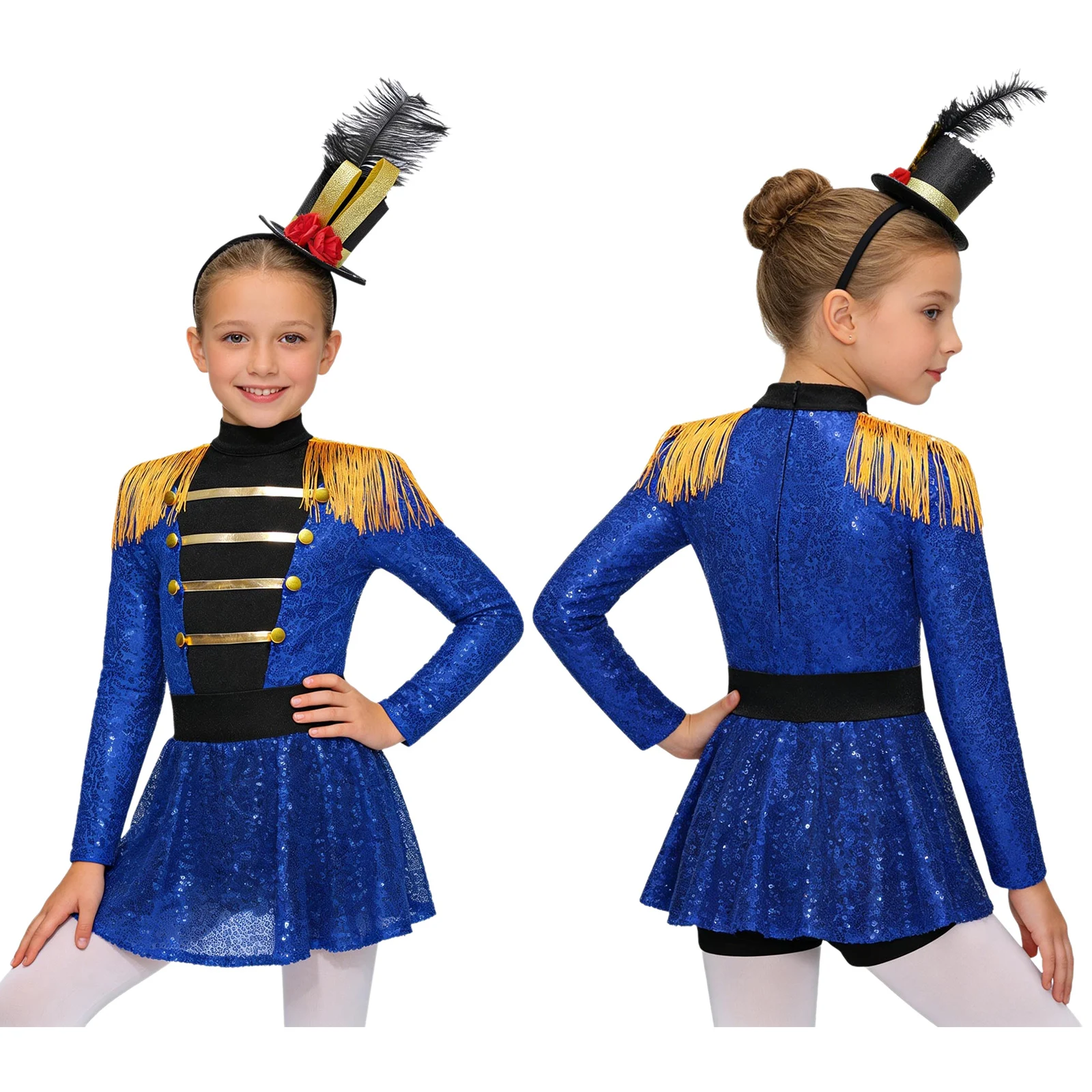 Children Girls Circus Ringmaster Magician Costume Long Sleeve Sequin Dress Bodysuit for Halloween Carnival Party Performance