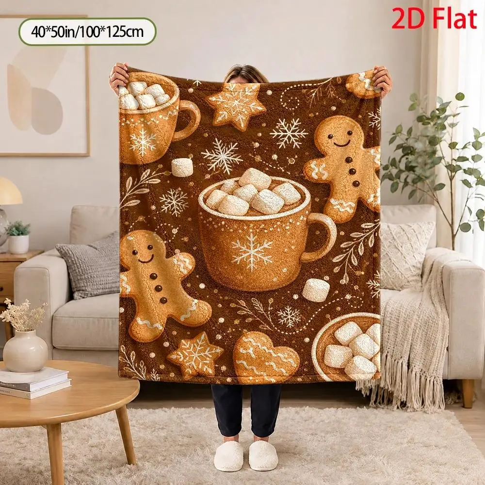 2D Flat Printing, 1pc Warm Winter Christmas Cozy Style Blanket / Fleece Blanket, Printed with Gingerbread Man Hot Cocoa Marshmal