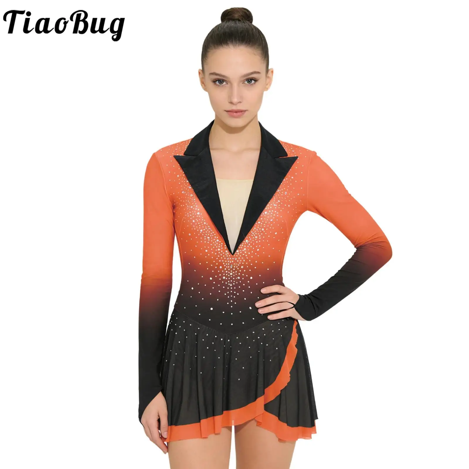 

Women Leotards Figure Skating Performance Competition Costume Lyrical Gymnastics Ballet Dress Long Sleeve Backless Mesh Skirted