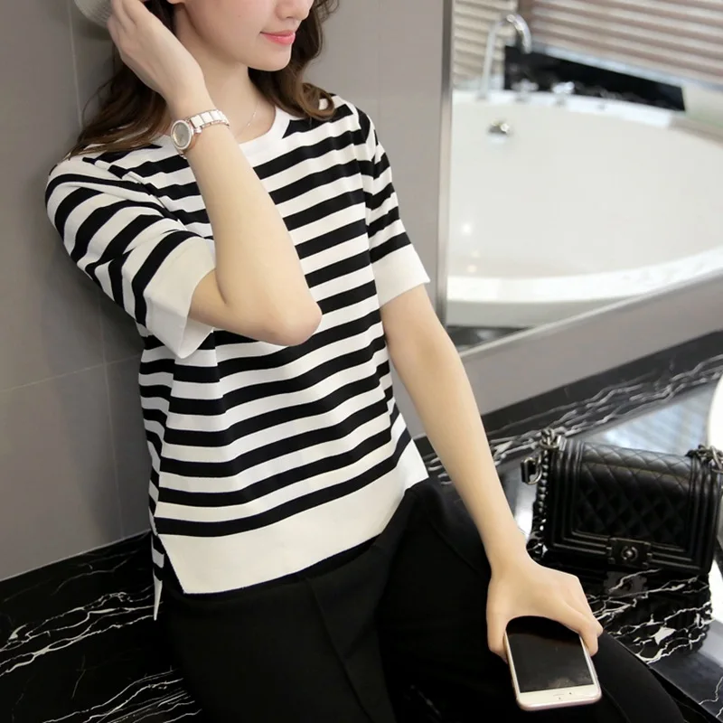 Loose Korean Style Women's T-shirt Summer Fashion Striped Short Sleeve Color Block Base Shirt round Neck Split Design Top