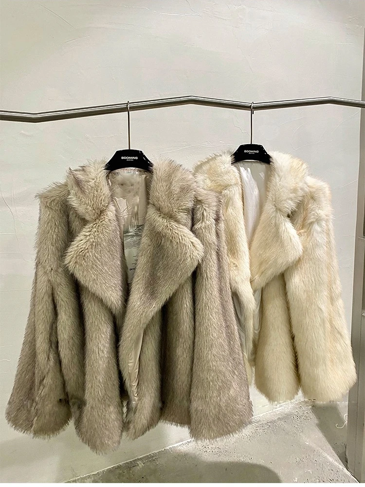 Coat Overcoat Women's Pure Color Autumn Winter Thickened Warm V-neck Mid-Length Fashion Temperament Environmental Protection Fur