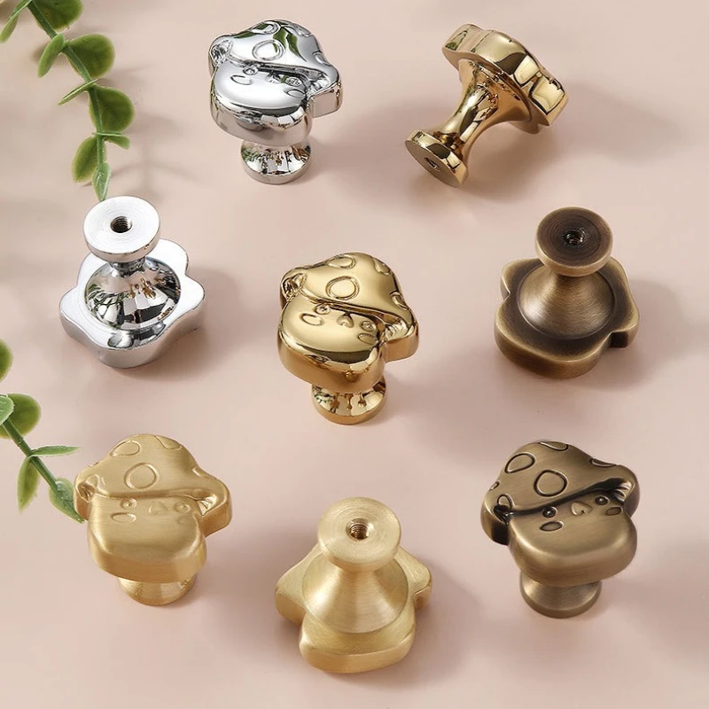 1pc Brass Mushroom Shaped Drawer Dresser Knobs Bright Chrome Gold Cabinet Handles for Children's Room Antique Furniture Handles