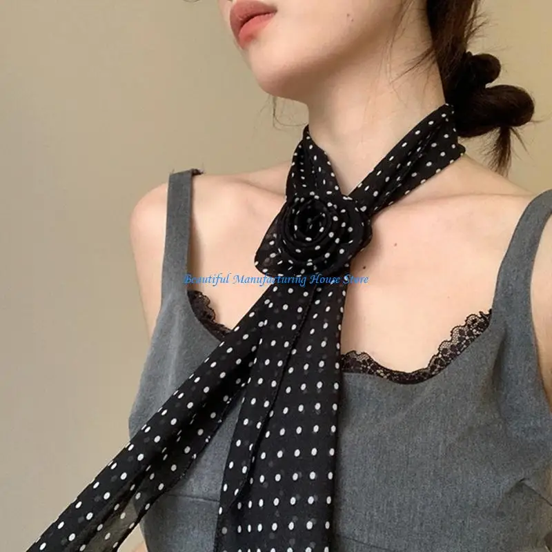 E56A Fashionable Neck Scarf Lightweight Long Muffler with Elegant Round Dot and Rose Pattern Trendy Women's Accessory