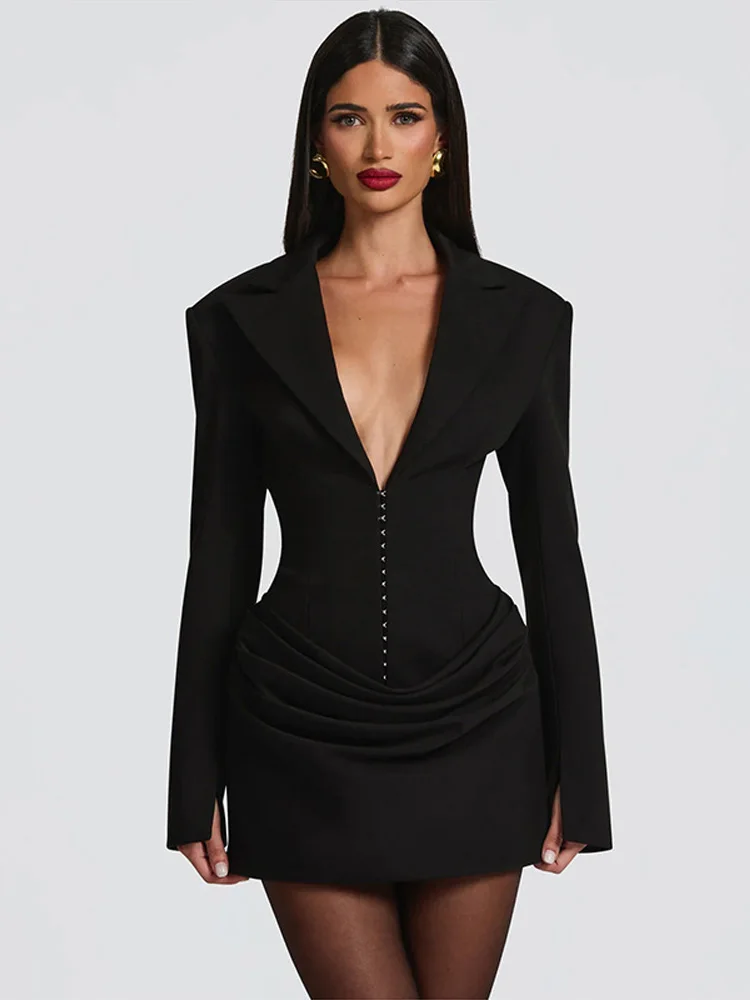 Women's Evening Dresses Deep V-neck Short Pleat Bodycon Dress Autumn 2025 Female Lapel Long Sleeves Waist Cinching New Partywear