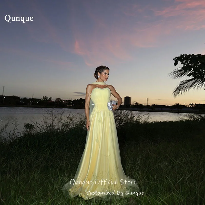Qunque Yellow Sweetheart Evening Dress Pleated Satin A Line Party Dress Delicate Sunset Ribbons Vestidos Para Mujer Customized