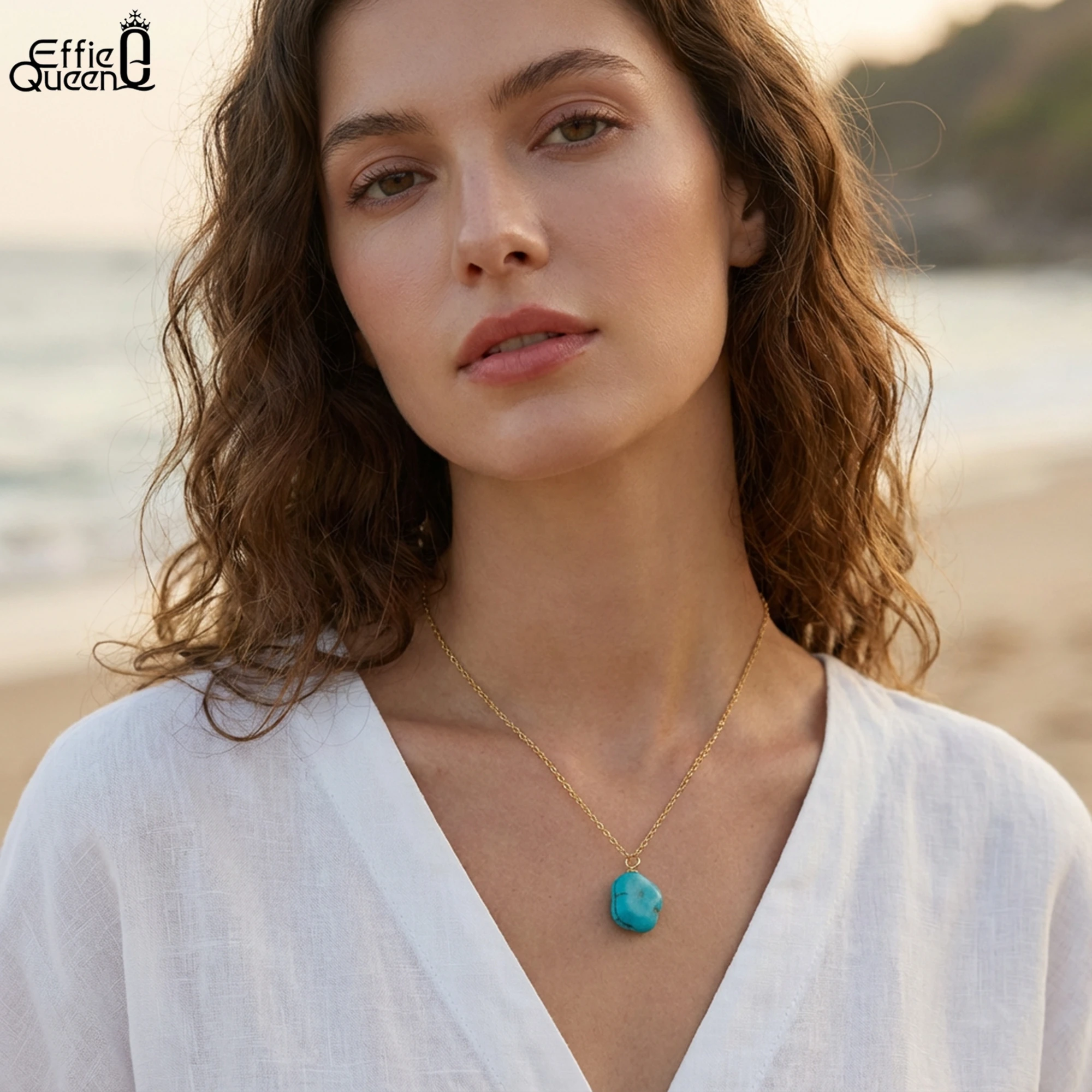 

О-цепочка из стерлингового серебра 925 пробы EFFIE QUEEN с зеленым бирюзовым кулоном, ожерелье, случайный стиль, натуральный камень, серия, подарок на вечеринку GMN49