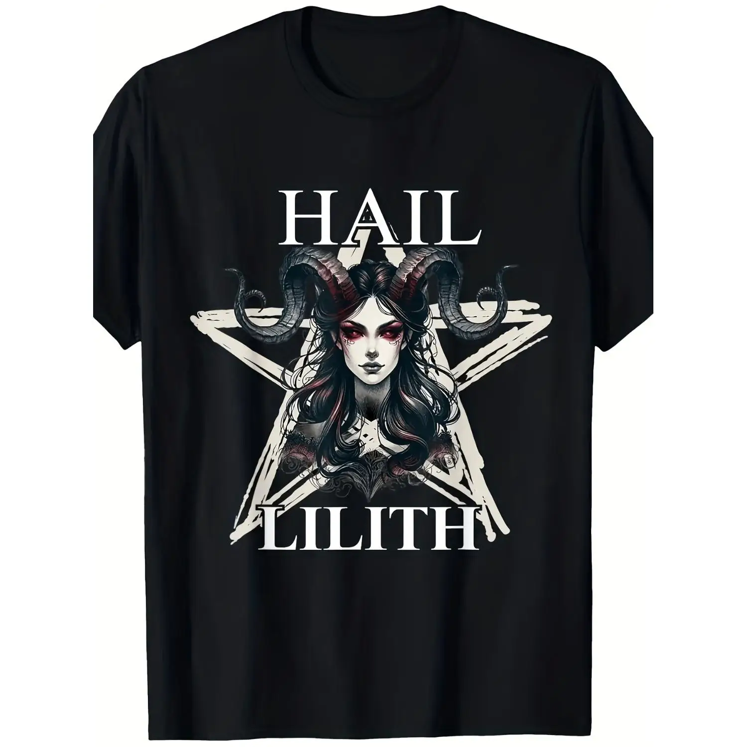 Hail Lilith Demon Mother Gothic Occult T-Shirt - Occult T-Shirt with Lilith & Snake Print, Round Neck Casual Tee, Machine Washable Knit Top for All-Season Wear
