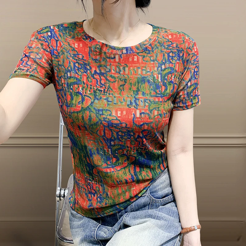 MadBlack-Women's European T-Shirt, Sexy O Neck Geometry Printed, Fashion Short Sleeve Slim Mesh S-3XL Tee, 2025 Summer T56635CC