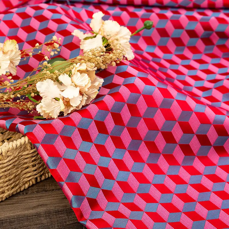 

3D Jacquard Fabric Red Blue Geometric Pattern Chinese Suit Hanfu Kids Clothing Puff Hem Dress Trim Edge High Density Material