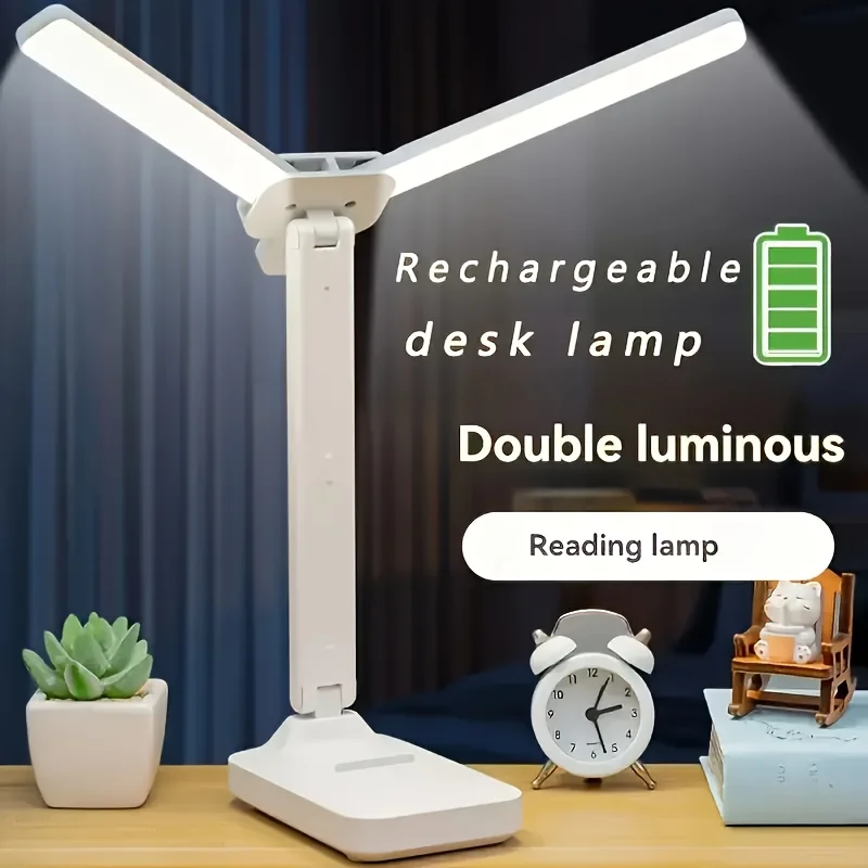 Lámpara de escritorio LED de doble cabezal, luz nocturna táctil regulable de 3 niveles, recargable por USB, protección ocular, escritorio de lectura de cabecera plegable