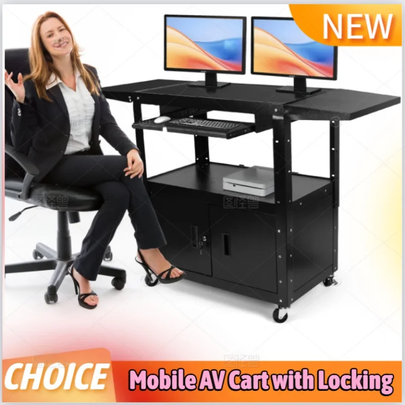 عربة AV كبيرة جديدة مع خزانة قفل وعربة الوسائط المتداول مع صينية لوحة المفاتيح القابلة للسحب وإدارة الحبل للكمبيوتر المكتبي