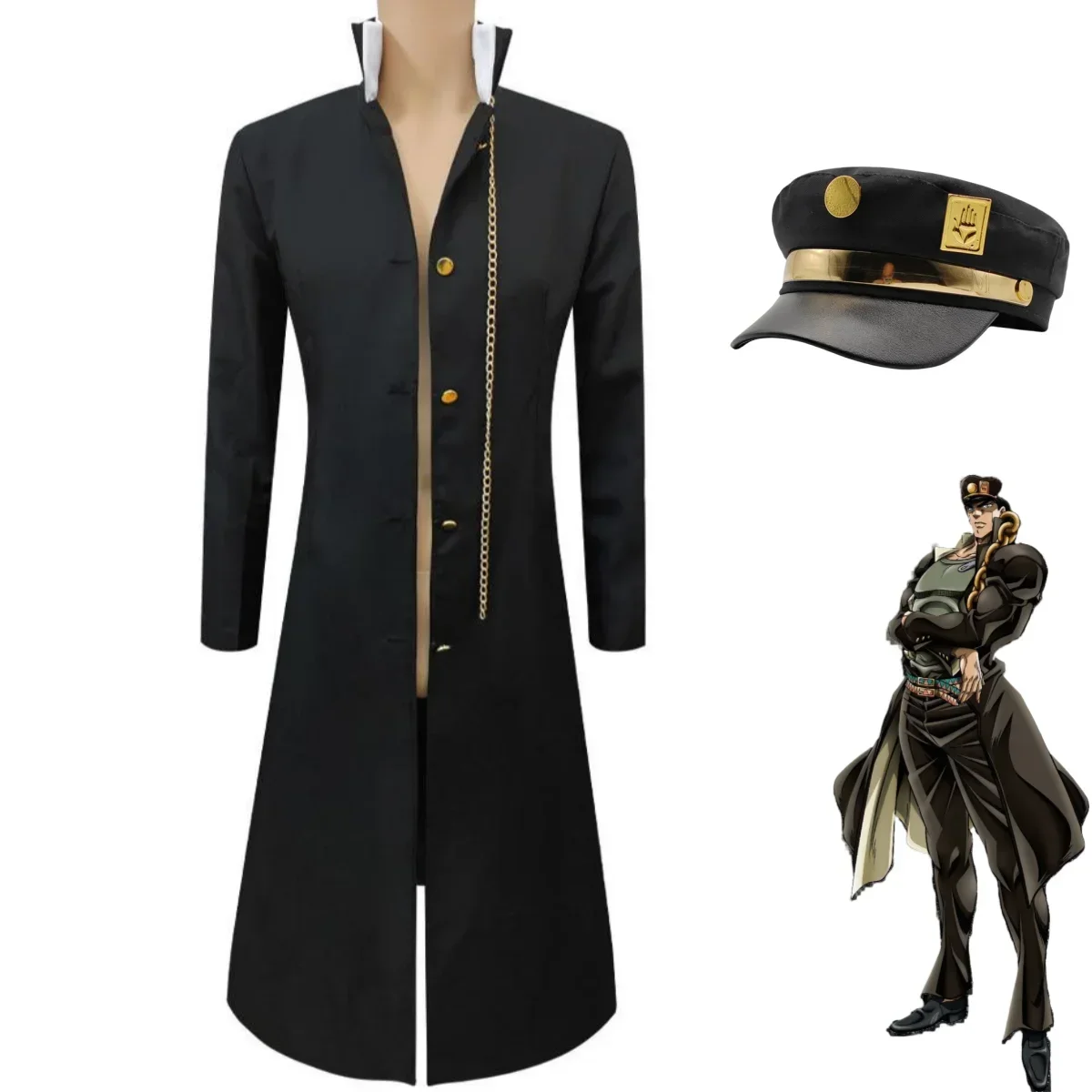 Anime  Bizarre Adventure Kujo Jotaro Cosplay Costume Black Long Sleeved Coat Cape Hat Adult Man Halloween Carnival Suit