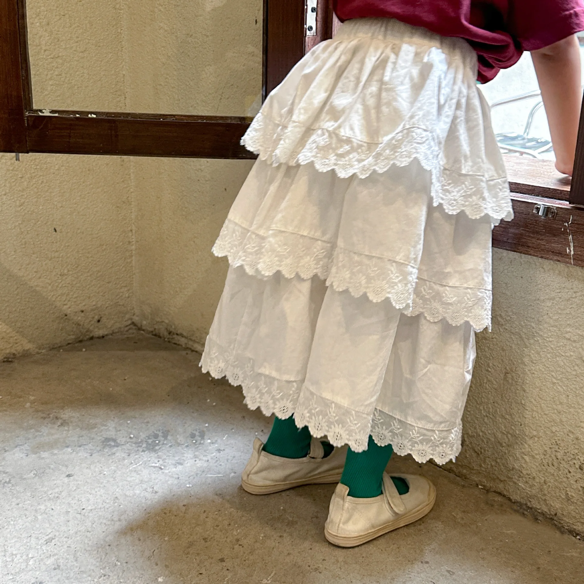 

Юбка средней длины для девочек, кружевная юбка принцессы, хлопковая детская одежда, лето 202, весна-осень, универсальная длинная юбка для детского торта