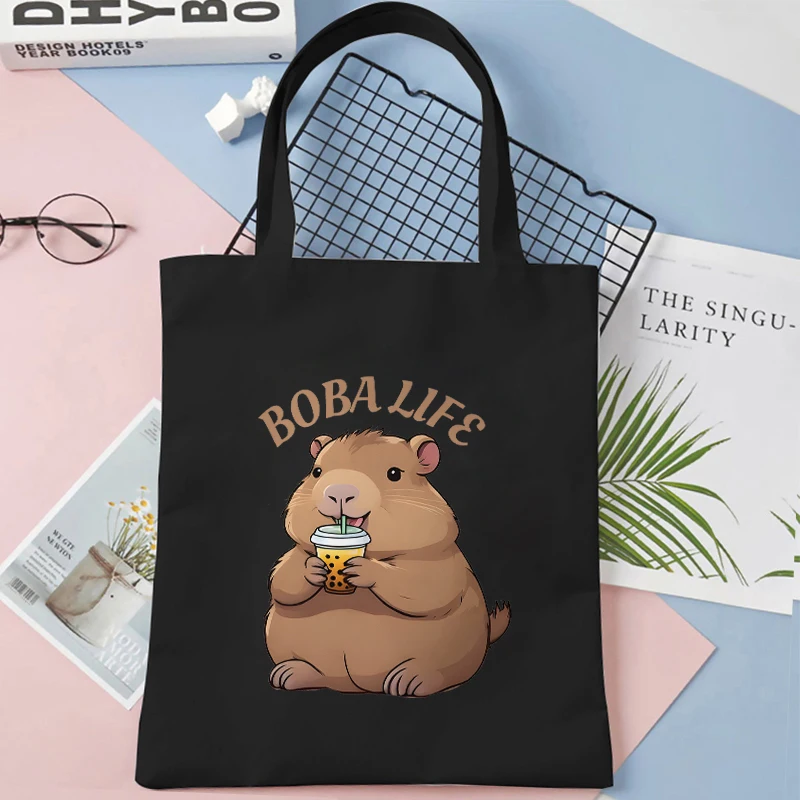 Women Handbags Cartoon Animals with Boba Tea Printed Canvas Bag Funny Handbag for Teen Fashion Tote Bag Side Bag for Ladies