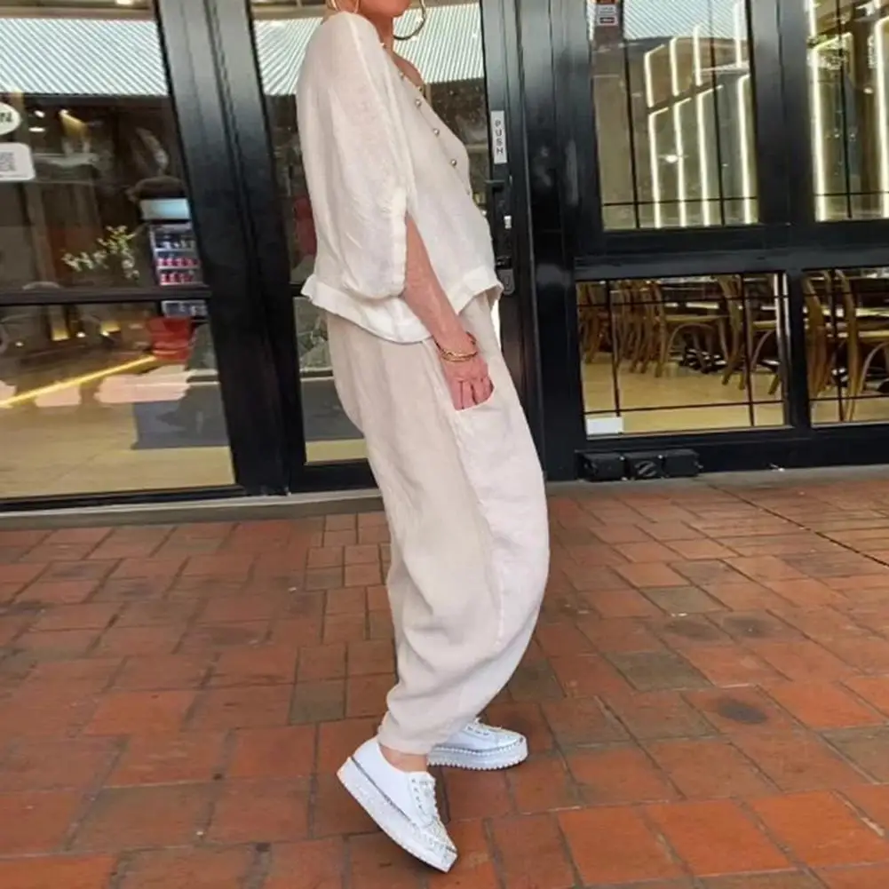 Loose Tracksuit Elegant Two-piece Blouse Pants Set for Women Stylish Round Neck Top with Wide Leg Trousers for Homewear