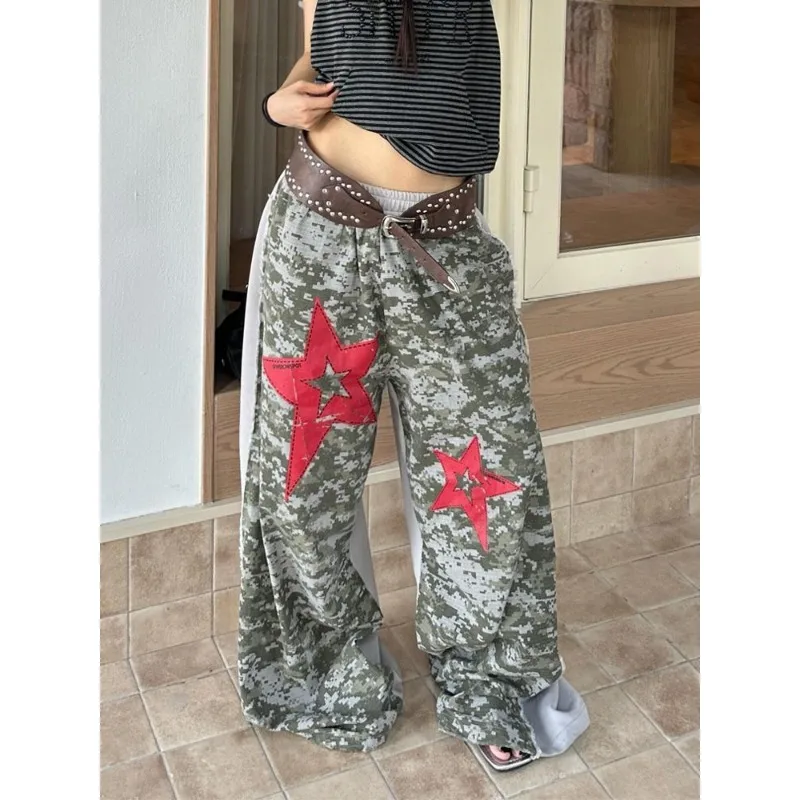 

Американский ретро камуфляжный дизайн, сращенные высококачественные широкие брюки, женские сексуальные прямые брюки в стиле панк для девочек со звездами
