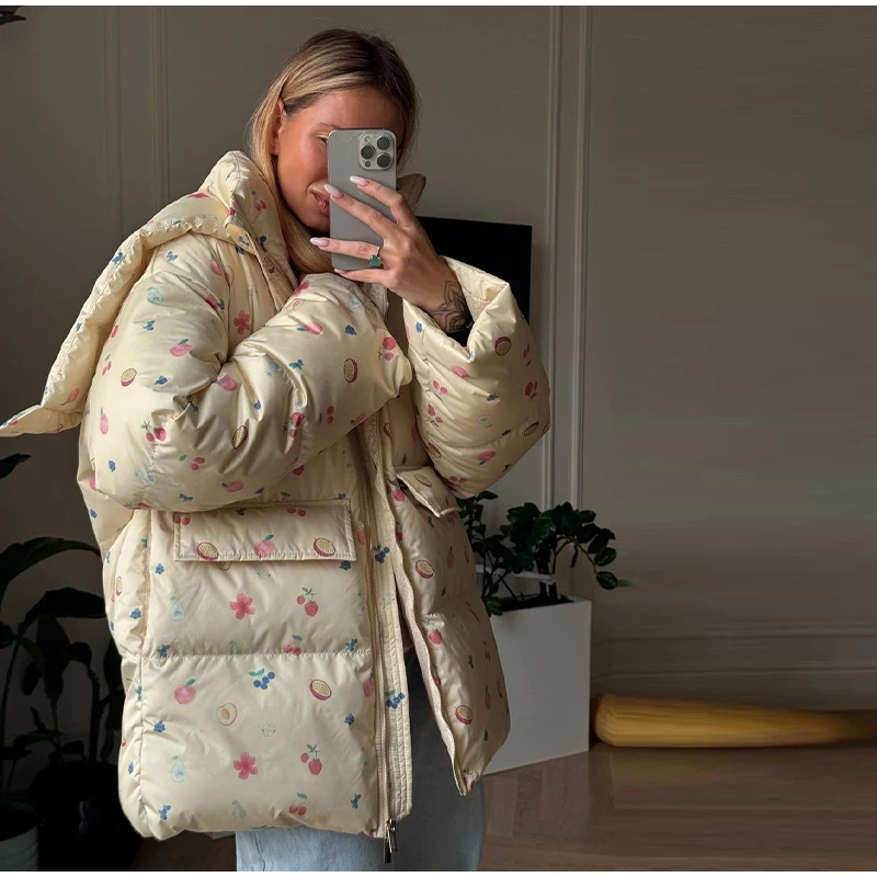 Unique Hooded Women's Winter Jacket Elegant Printed Thicken Pockets Full Sleeve Female Cotton Coat 2025 New Woman Coats Outwears