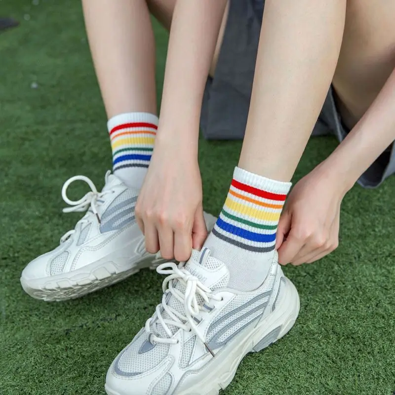 Rainbow Striped Cotton Socks Women's Fashion Classic Casual College Style Harajuku Funny Cute Popular Korean Socks Women