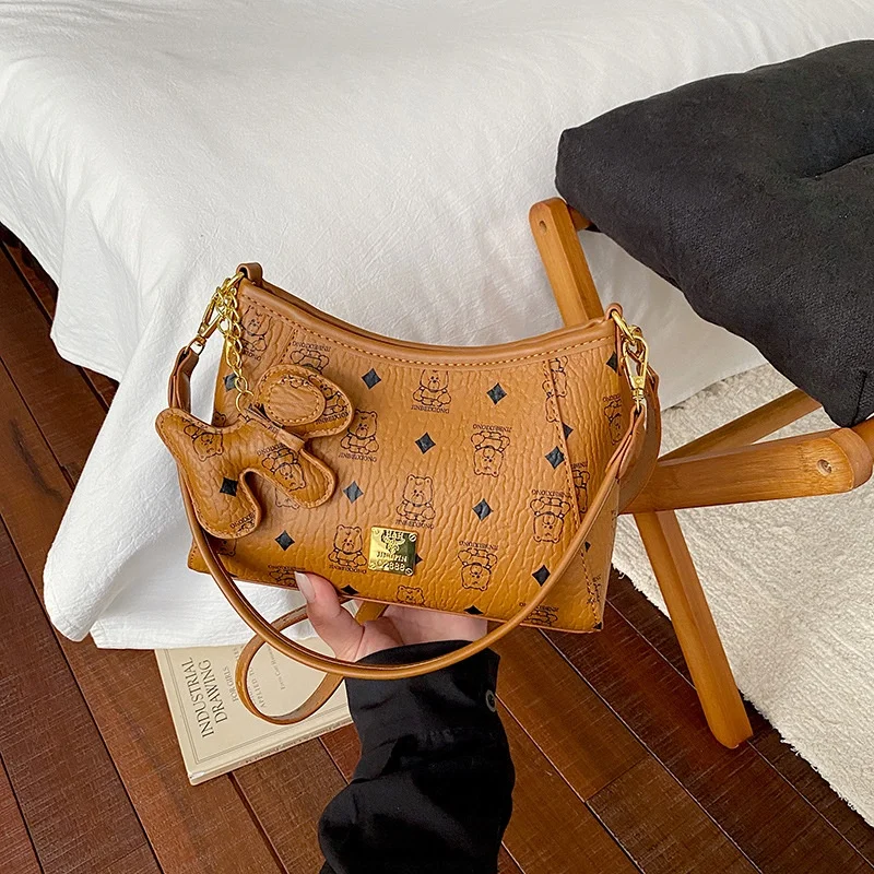 Cute Cartoon Bear Print Shoulder Bag For Women With Bow Pendant Retro Pattern Underarm Crossbody Bag Medium Size Casual Daily La