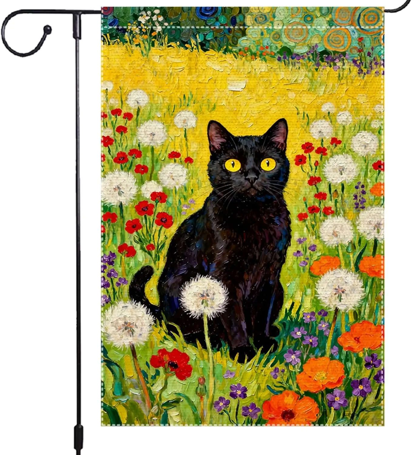 Spring Black Cat in Flower Field Garden Flag 12x18 Inch Double Sided with Dandelions Poppies and Violets Burlap Spring Summe ZZM