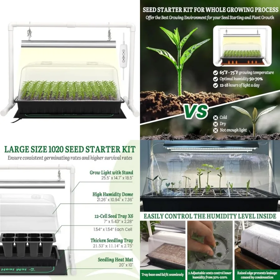 

1020 Size Seed Starter Kit with Grow Light and Heat Mat 7" Humidity Dome, 6x12 Cell Seed Starter Tray, Bright-Adjustable with 8