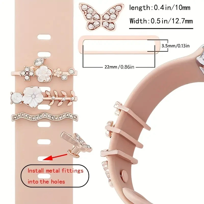 4pcs Butterfly Flower Watchband Ring Loops Nails Studs, Cute Rhinestone Watch Strap Charms Decorations For Iwatch Watchband