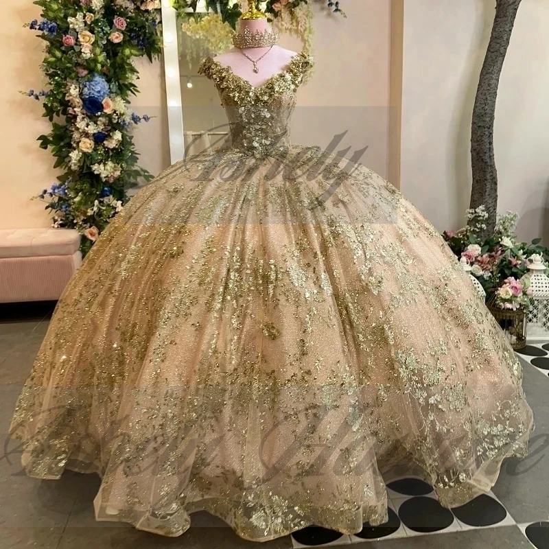 럭셔리 샴페인 골드 15 Quinceanera 드레스 볼 가운 꽃 아플리케 레이스 업 여성 파티 파티 미인 대회 결혼식 2025 맞춤형