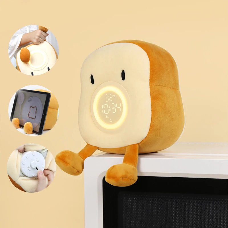 Cartoon Plush Toast Alarm Clock Digital Clock USB Charging Kids Desktop Electronic Clock With Vibration Function Bedside Decor