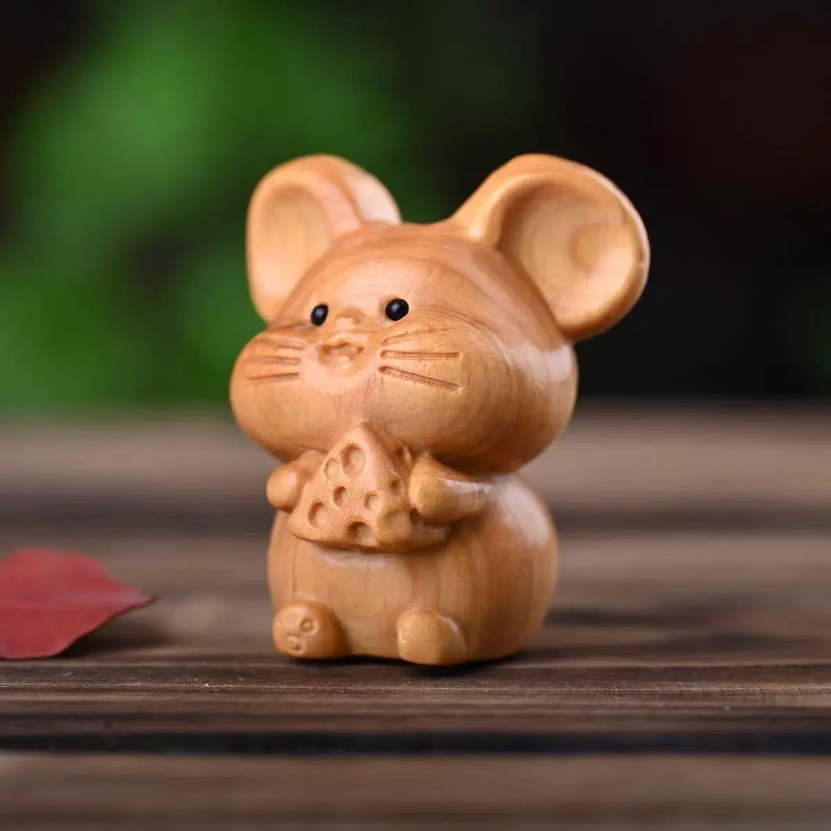 Hand Carved Wood Cheese cute little mouse Statue Figurine Desktop Ornaments Home Decoration