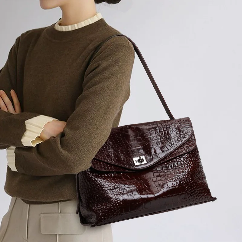 Vintage Croc Embossed Genuine Cowhide Handbag, Women Flap Shoulder Crossbody Bag, Roomy Multi-pocket Purse for Work & Weekend