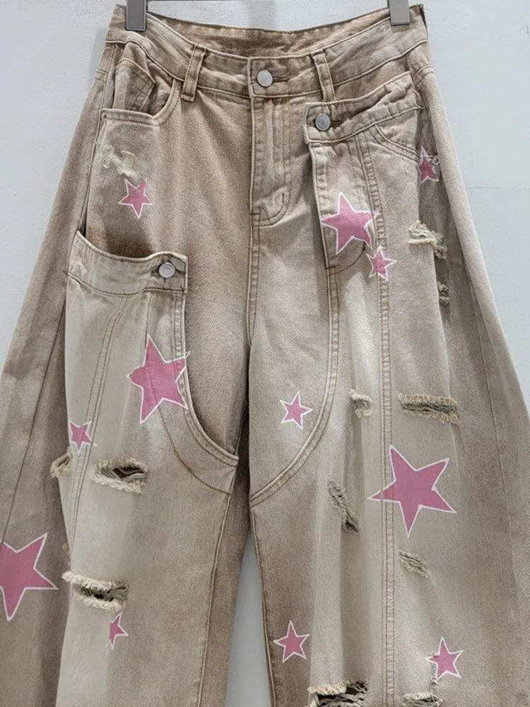 Summer Women Vintage Khaki Personality Pink Star Printed Jeans High Street Spliced Denim Pants Lady Casual High Waist Loose Fit