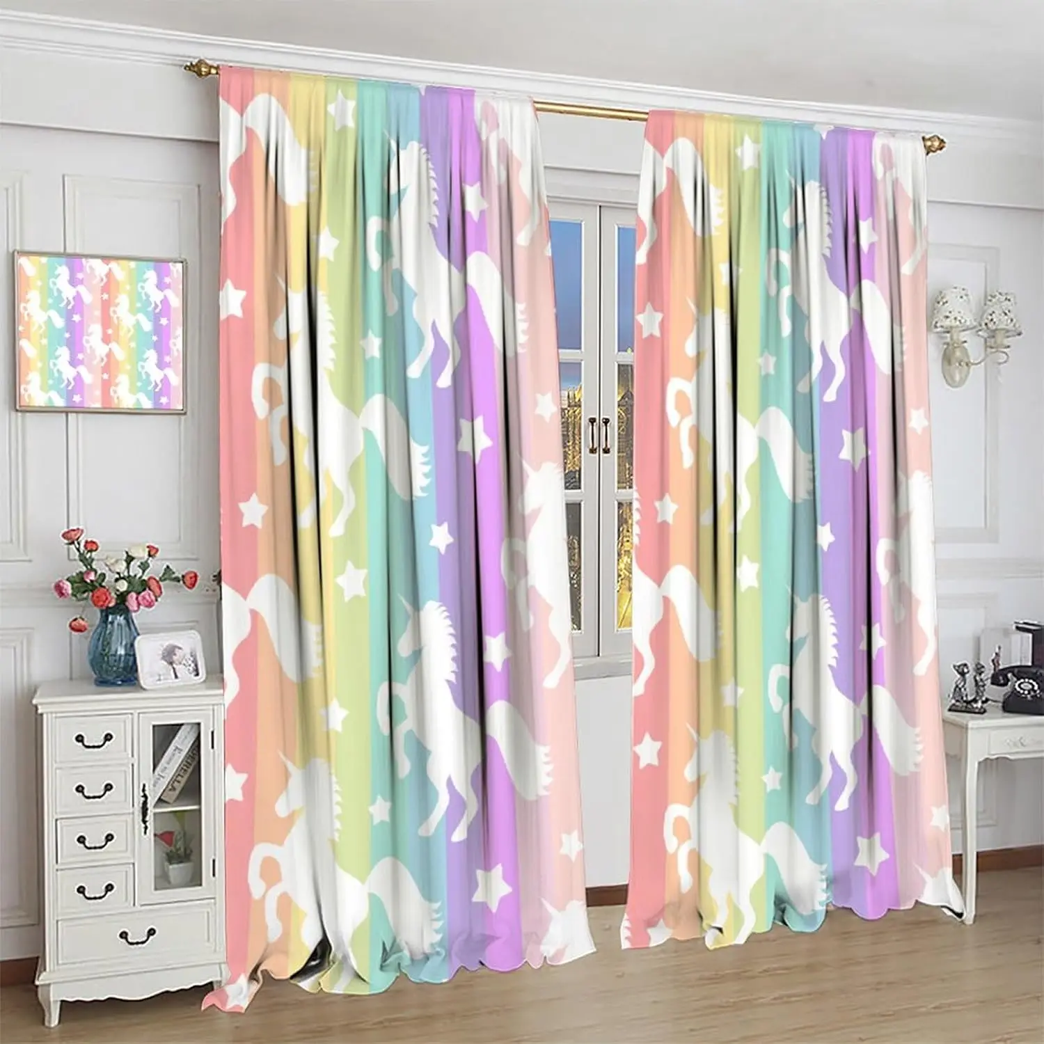 Rainbow Unicorn Blackout Curtains Cartoon Style Cute White Stars Colorful Lines Window Treatments for Kids Girls Bedroom Nursery