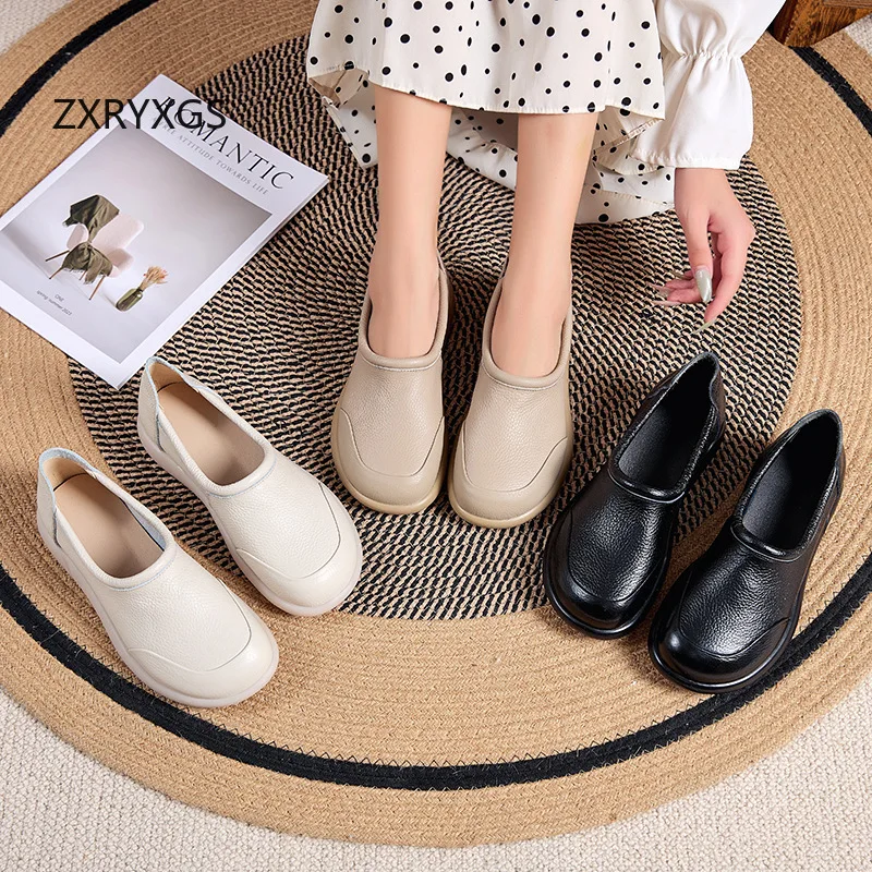 ZXRYXGS 2024 Autumn Round Toe Genuine Leather Shoes Flats Comfortable Soft Sole Anti Slip Wear-resistant Flat Shoes Woman New