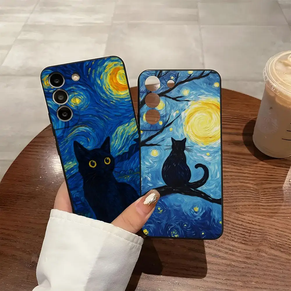Van Gogh Cat Phone Case For Samsung S26 S25 S24 FE S23 S22 S21 Plus S20 Ultra Note20Ultra Black Soft Shell
