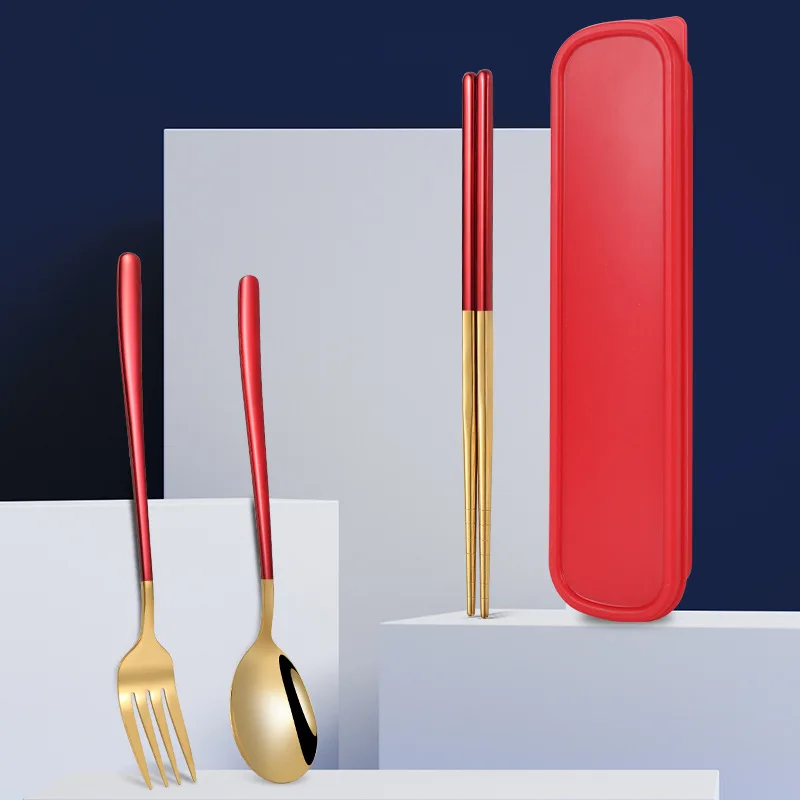 3pcs 3set Tableware Set Stainless Steel Chopsticks Fork Spoon Set Travel Flatware Lunch Tableware Kitchen Accessories With Box view 2