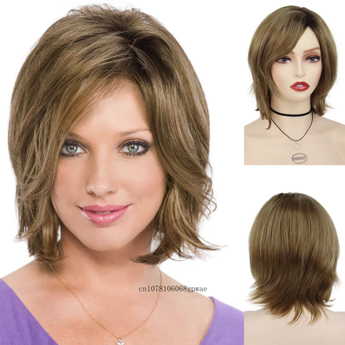 Natural Wigs for Women Short Bob Cut Brown Hair Dark Root Ombre Wig Side Parting Bangs Soft Gentle Lady Daily Cosplay Halloween