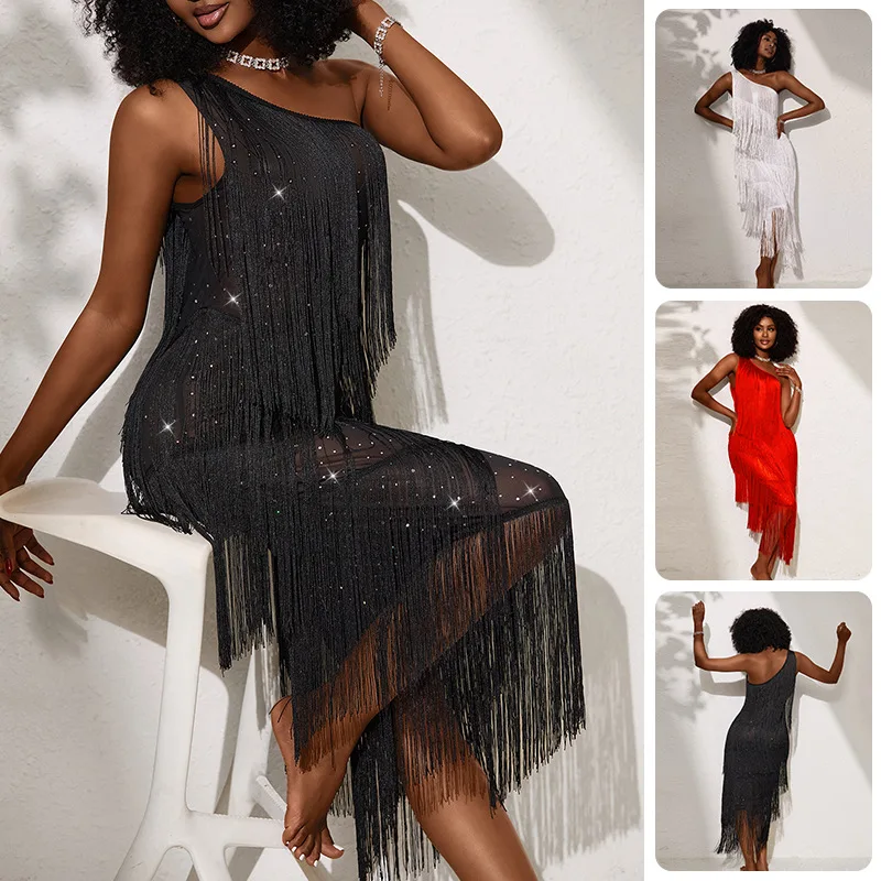 One-shoulder Sequin Tassel Dress For Women, See-through Mesh Irregular Mid-length Dress Pure Desire Casual Elegant Style LF1Z