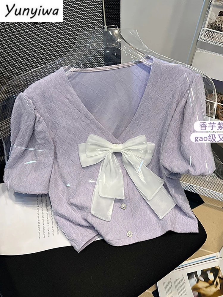 Women Shirts Summer Shirts Purple Top Pup Sleeve French Chic V-Neck Button Up Shirt Bow Simple 2024 New Short Tops