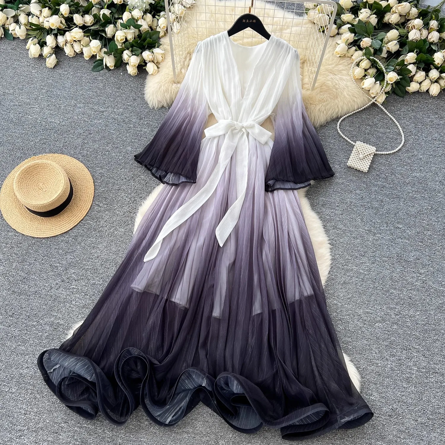 

Women's V-Neck Ruffles Bright Silk Flare Sleeve Lace Up Casual A-Line Beach Vestidos Summer Holiday Gorgeous Flower Long Dress