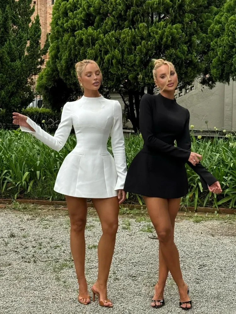 Elegante Solide Langarm Backless Sexy Mini Kleid Für Frauen Herbst Winter Neue O Neck Hohe Taille A-line Club Party Kleider