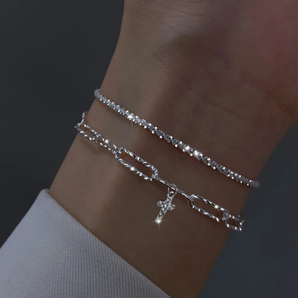 2pcs Set Personality Trend Shiny Cross Love Pendant Double Layer Fold Wear Bracelets for Women Friends Charm Jewelry Gifts Set