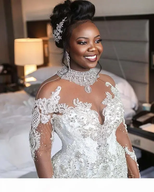 Customized African Mermaid Dresses High Neck Sheer Long Sleeves Lace Crystal Beaded Bridal Wedding Gowns Robe De Mariee